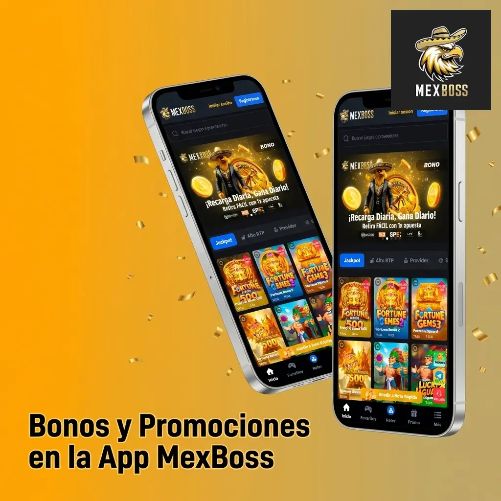 Bonos y promociones en la app MexBoss: bono de bienvenida 100% hasta 10,000 MXN y 100 giros gratis