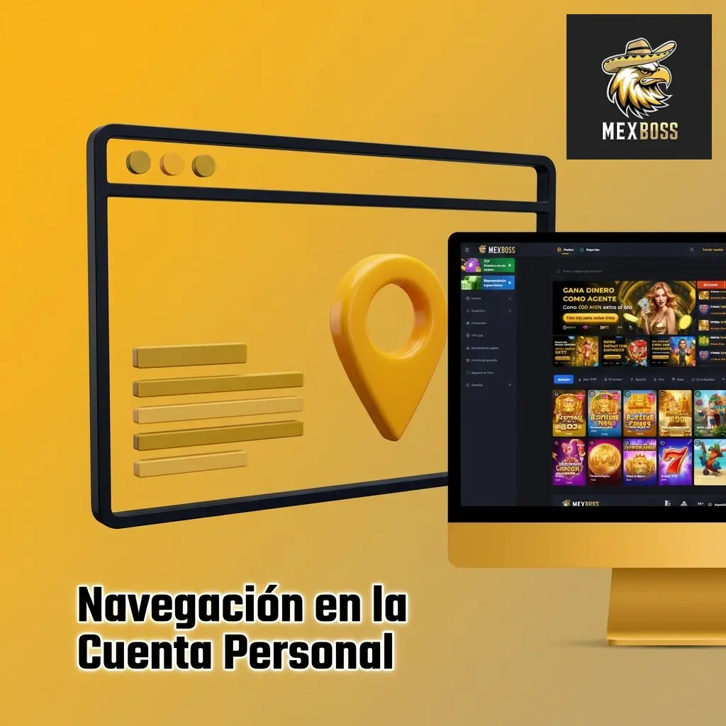 Panel de navegación de cuenta MexBoss con opciones de perfil, caja, bonos y configuración de seguridad